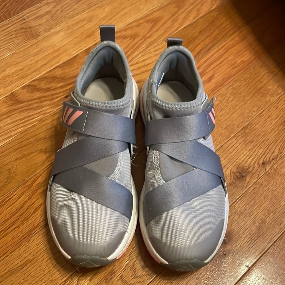 Gray and pink Adidas Velcro with some glitter lining